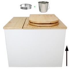 Toilette sèche rehaussée en bois blanc/huilé avec bac intégré, abattant bois huilé forme D, seau inox et bavette inox.