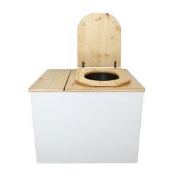 Toilette sèche rehaussée en bois blanc/huilé avec bac intégré, abattant bois huilé forme D, seau inox et bavette inox.
