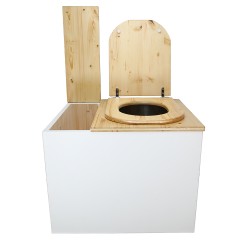 Toilette sèche rehaussée en bois blanc/huilé avec bac intégré, abattant bois huilé forme D, seau inox et bavette inox.