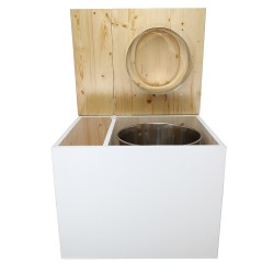 Toilette sèche rehaussée en bois blanc/huilé avec bac intégré, abattant bois huilé forme D, seau inox et bavette inox.