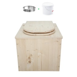 Toilette sèche en bois brut complète avec seau plastique 22L , abattant D et bavette inox