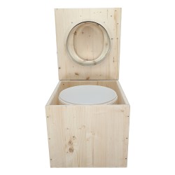 Toilette sèche en bois brut complète avec seau plastique 22L , abattant D et bavette inox
