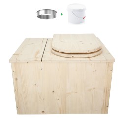 Toilette sèche avec bac à copeaux de bois intégré en bois brut avec bavette inox, abattant D et seau plastique 22 litres