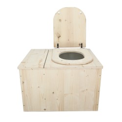 Toilette sèche avec bac à copeaux de bois intégré en bois brut avec bavette inox, abattant D et seau plastique 22 litres