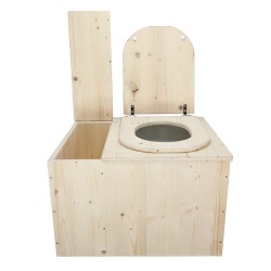 Toilette sèche avec bac à copeaux de bois intégré en bois brut avec bavette inox, abattant D et seau plastique 22 litres