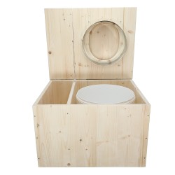Toilette sèche avec bac à copeaux de bois intégré en bois brut avec bavette inox, abattant D et seau plastique 22 litres