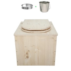 Toilette sèche en bois brut complète avec seau inox et bavette inox, abattant en forme de D