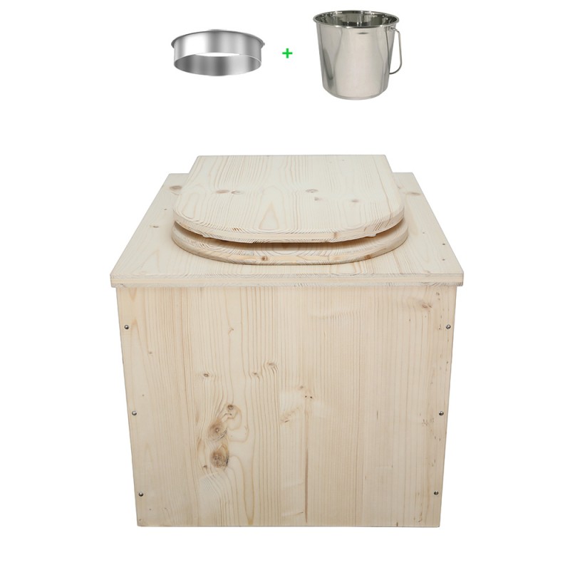 Toilette sèche en bois brut complète avec seau inox et bavette inox, abattant en forme de D