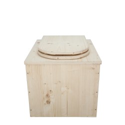 Toilette sèche en bois brut complète avec seau inox et bavette inox, abattant en forme de D