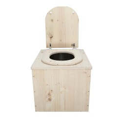 Toilette sèche en bois brut complète avec seau inox et bavette inox, abattant en forme de D