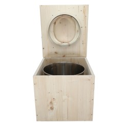 Toilette sèche en bois brut complète avec seau inox et bavette inox, abattant en forme de D