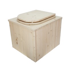 Toilette sèche en bois brut complète avec seau inox et bavette inox, abattant en forme de D