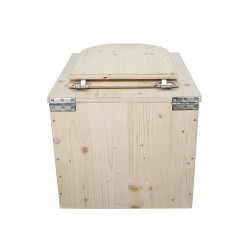 Toilette sèche en bois brut complète avec seau inox et bavette inox, abattant en forme de D