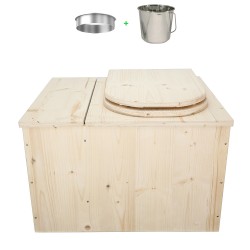 Toilette sèche avec bac à copeaux de bois, complète avec bavette inox, seau inox, abattant en forme de D