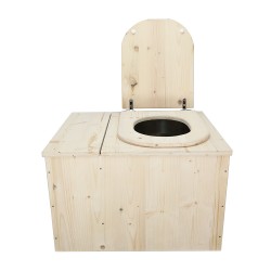 Toilette sèche avec bac à copeaux de bois, complète avec bavette inox, seau inox, abattant en forme de D