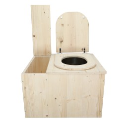 Toilette sèche avec bac à copeaux de bois, complète avec bavette inox, seau inox, abattant en forme de D