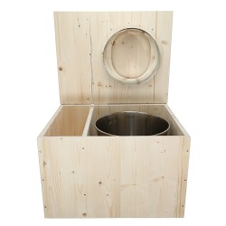 Toilette sèche avec bac à copeaux de bois, complète avec bavette inox, seau inox, abattant en forme de D