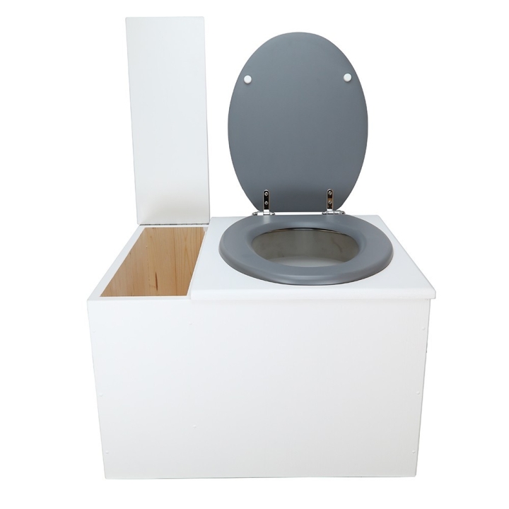  Toilette sèche avec bac à copeaux de bois. peinte en blanc. abattant gris. Livrée avec bavette inox et seau 22 litres