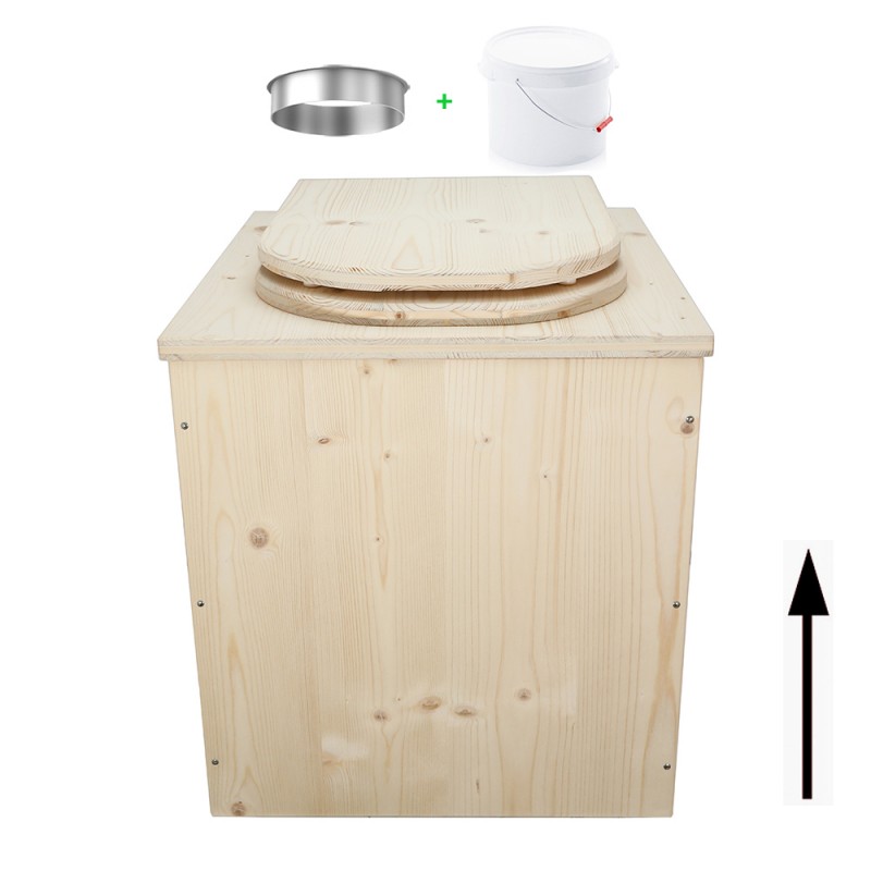 Toilette sèche rehaussée en bois brut complète avec seau plastique 22L et bavette inox - abattant en forme de D