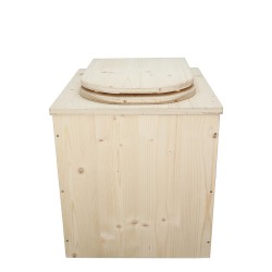 Toilette sèche rehaussée en bois brut complète avec seau plastique 22L et bavette inox - abattant en forme de D