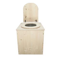 Toilette sèche rehaussée en bois brut complète avec seau plastique 22L et bavette inox - abattant en forme de D