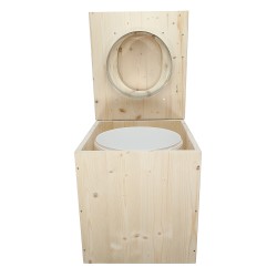Toilette sèche rehaussée en bois brut complète avec seau plastique 22L et bavette inox - abattant en forme de D