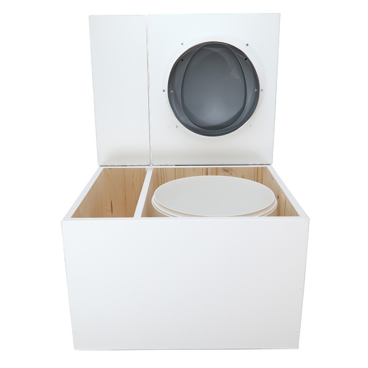  Toilette sèche avec bac à copeaux de bois. peinte en blanc. abattant gris. Livrée avec bavette inox et seau 22 litres