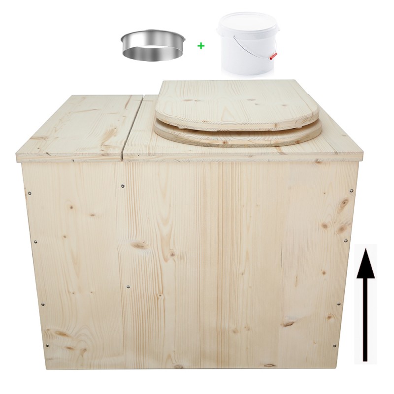 Toilette sèche rehaussée avec bac à copeaux de bois intégré, livré avec bavette inox et seau 22L plastique - abattant D