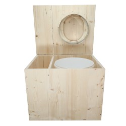 Toilette sèche rehaussée avec bac à copeaux de bois intégré, livré avec bavette inox et seau 22L plastique - abattant D