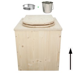 Toilette sèche rehaussée en bois complète avec seau inox et bavette inox - abattant en forme de D