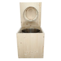 Toilette sèche rehaussée en bois complète avec seau inox et bavette inox - abattant en forme de D