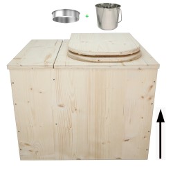 Toilette sèche rehaussée avec bac à copeaux de bois vendue avec bavette inox, seau inox et abattant D
