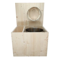 Toilette sèche rehaussée avec bac à copeaux de bois vendue avec bavette inox, seau inox et abattant D