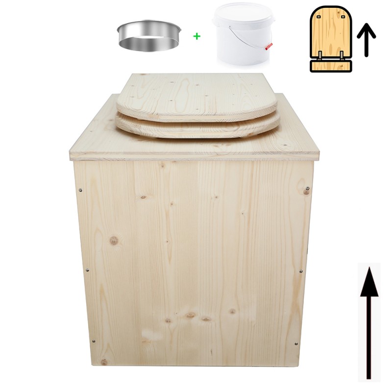 Toilette sèche rehaussée en bois brut avec seau plastique 22L et bavette inox - abattant en forme de D déclipsable