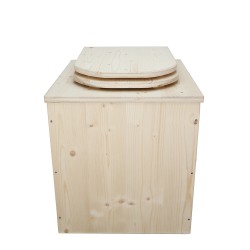 Toilette sèche rehaussée en bois brut avec seau plastique 22L et bavette inox - abattant en forme de D déclipsable