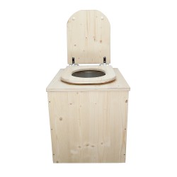 Toilette sèche rehaussée en bois brut avec seau plastique 22L et bavette inox - abattant en forme de D déclipsable