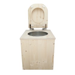 Toilette sèche rehaussée en bois brut avec seau plastique 22L et bavette inox - abattant en forme de D déclipsable