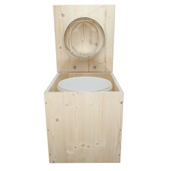 Toilette sèche rehaussée en bois brut avec seau plastique 22L et bavette inox - abattant en forme de D déclipsable