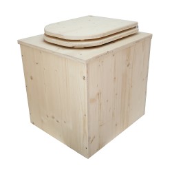 Toilette sèche rehaussée en bois brut avec seau plastique 22L et bavette inox - abattant en forme de D déclipsable