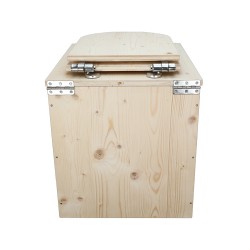 Toilette sèche rehaussée en bois brut avec seau plastique 22L et bavette inox - abattant en forme de D déclipsable