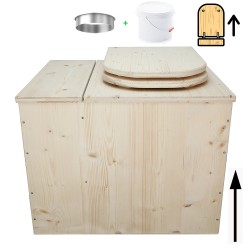 Toilette sèche rehaussée avec bac à copeaux de bois intégré, livré avec bavette inox, seau 22L, abattant déclipsable