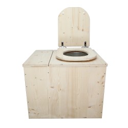 Toilette sèche rehaussée avec bac à copeaux de bois intégré, livré avec bavette inox, seau 22L, abattant déclipsable