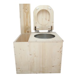 Toilette sèche rehaussée avec bac à copeaux de bois intégré, livré avec bavette inox, seau 22L, abattant déclipsable