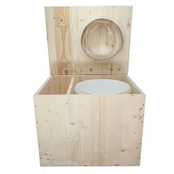 Toilette sèche rehaussée avec bac à copeaux de bois intégré, livré avec bavette inox, seau 22L, abattant déclipsable