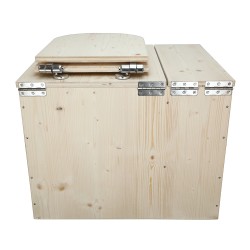 Toilette sèche rehaussée avec bac à copeaux de bois intégré, livré avec bavette inox, seau 22L, abattant déclipsable