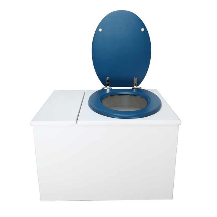  Toilette sèche avec bac à copeaux de bois. peinte en blanc. abattant bleu nuit. Livrée avec bavette inox et seau 22 litres