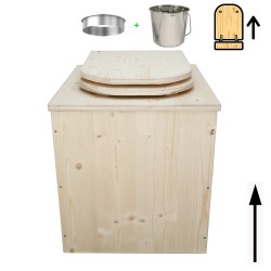 Toilette sèche rehaussée en bois complète avec seau inox et bavette inox - abattant en forme de D, déclipsable et frein de chute
