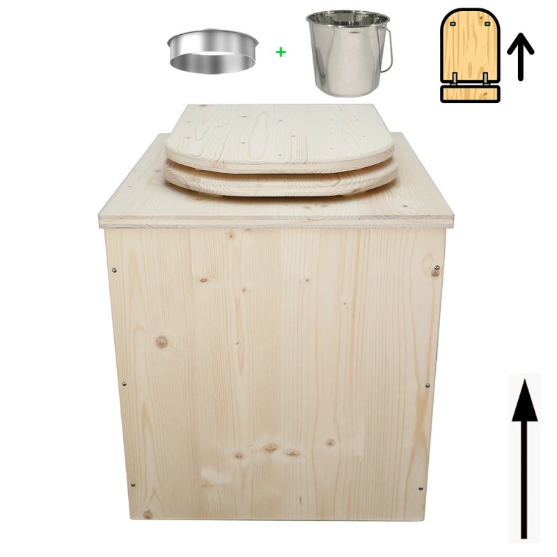 Toilette sèche rehaussée en bois complète avec seau inox et bavette inox - abattant en forme de D, déclipsable et frein de chute