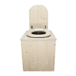 Toilette sèche rehaussée en bois complète avec seau inox et bavette inox - abattant en forme de D, déclipsable et frein de chute