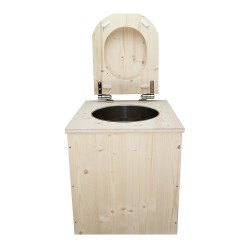 Toilette sèche rehaussée en bois complète avec seau inox et bavette inox - abattant en forme de D, déclipsable et frein de chute